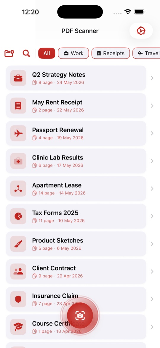 PDF Scanner app showing a list of documents sorted into categories